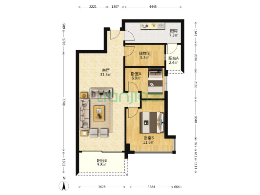 通大旭日园 2室1厅0卫 90平方