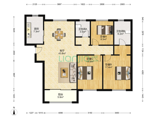 朗诗·国泰城 3室1厅2卫 135平方