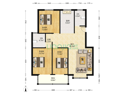 大悦福园小区 3室1厅2卫 123平方
