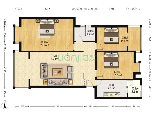 清水人家B区 3室1厅1卫 120平方
