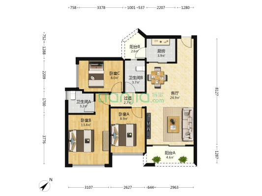 泰福名苑 3室1厅2卫 90平方