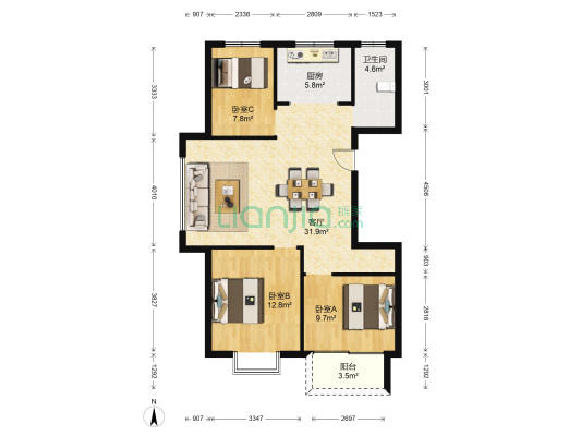 曙光花园 3室1厅1卫 104平方