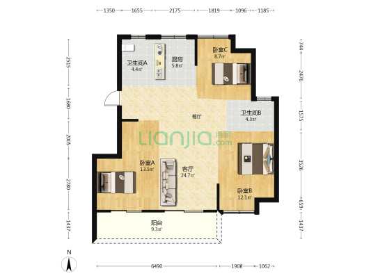 阳光城檀映 3室1厅2卫 95平方