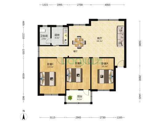 南宁市供电局桃源路住宅小区 3室1厅1卫 95平方