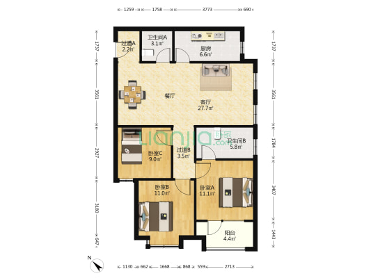 仁洲观海二期 3室1厅2卫 122平方