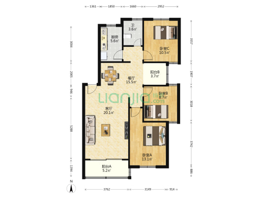 黄金石花园 3室2厅1卫 100平方