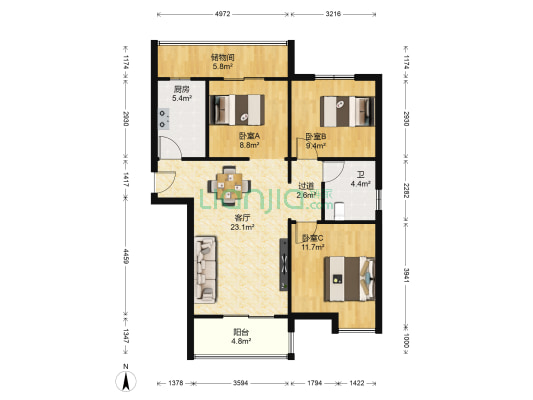 国耀园上园 3室1厅1卫 102平方
