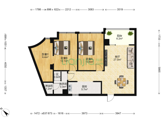 爱琴海 3室1厅3卫 85平方