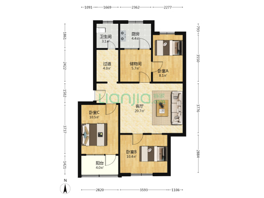 名仕花园 3室1厅1卫 84平方