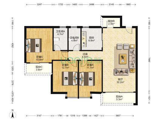 汇豪花园 3室1厅2卫 121平方