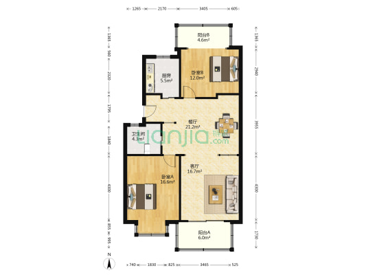 江南华都B区 2室2厅1卫 98平方