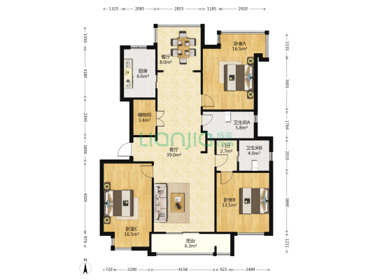 里外滩 3室2厅2卫 136平方