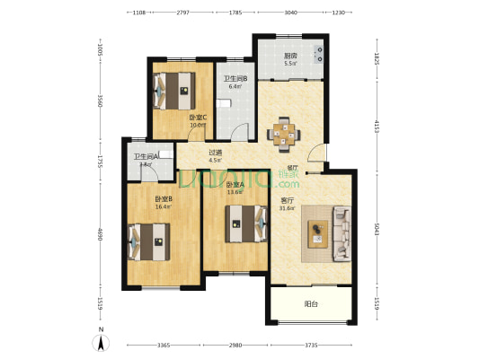 彩云花园 3室1厅2卫 118平方