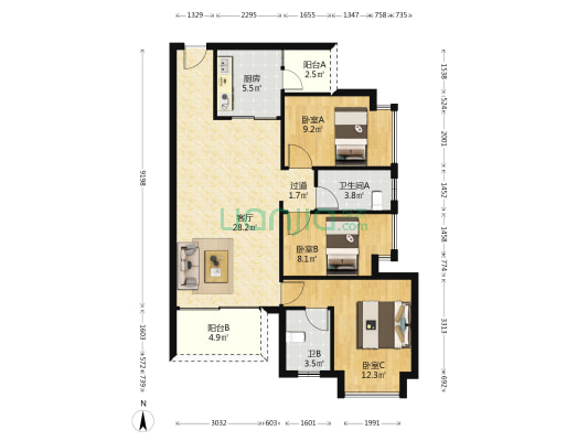 信鸿花园公园里 3室1厅2卫 97平方