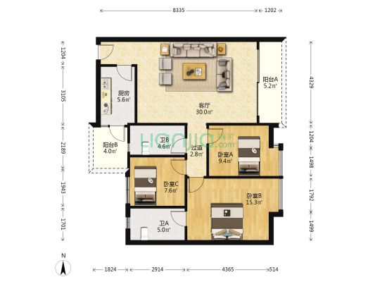 喜悦名居 3室1厅2卫 97平方