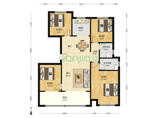 般河郦景 4室1厅2卫 134平方