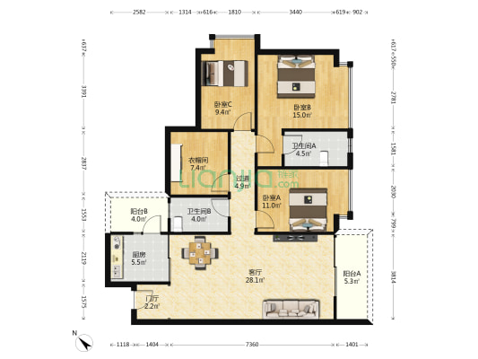 信鸿誉庭 3室1厅2卫 121平方