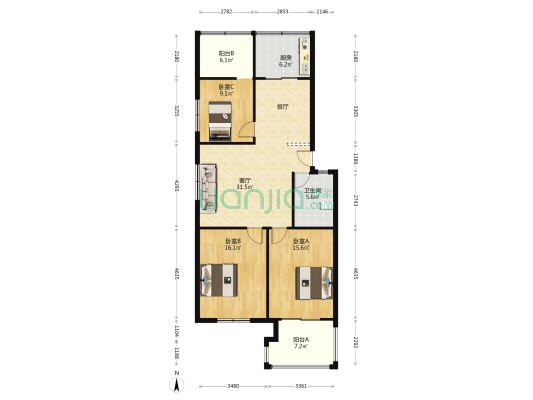 雷奥公寓 3室1厅1卫 118平方