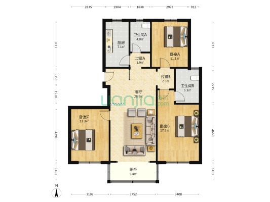 清河公寓 3室1厅2卫 119平方