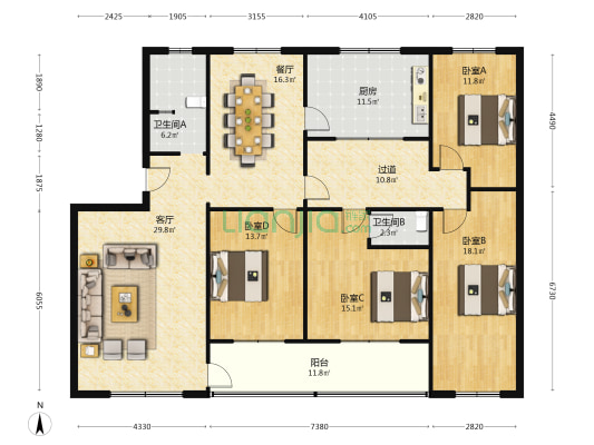 妇保院家园 4室2厅2卫 174平方