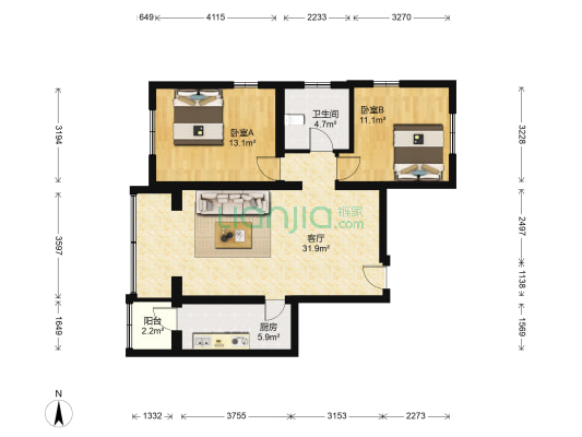 风雅园二区 2室1厅1卫 90平方