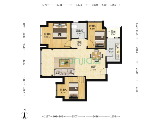 龙湖嘉天下揽城 3室1厅1卫 79平方