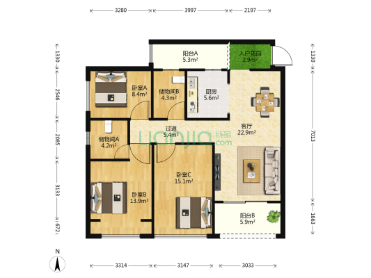 天宁海东方 3室1厅0卫 90平方