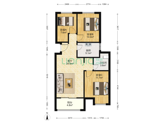 大众湖滨花园 3室1厅1卫 89平方