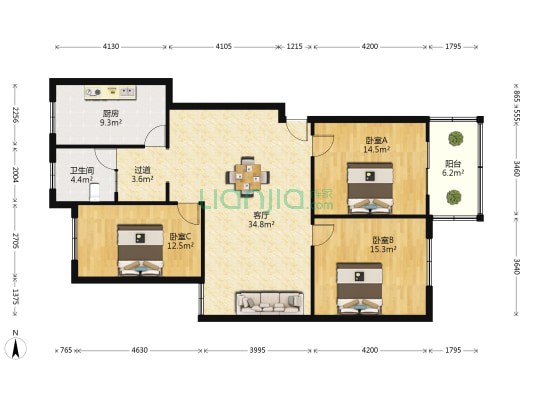 西西花园 3室1厅1卫 120平方