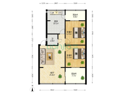昆明市体育局宿舍 2室1厅1卫 70平方