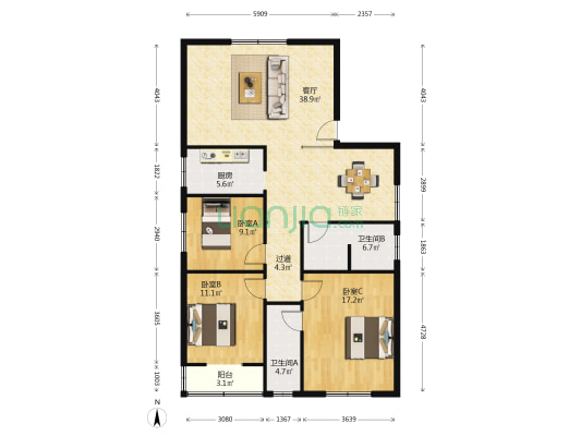宾朋苑 3室1厅2卫 128平方