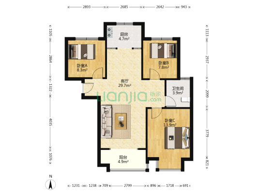证满二 精装 南北通透3居 明厨明卫 样板间户型-户型图