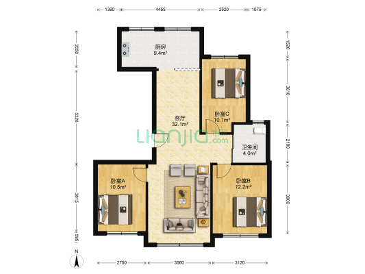 力旺康城B区 3室1厅1卫 114平方