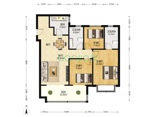 海信九麓府雅园 3室1厅2卫 122平方