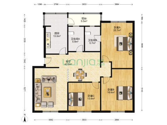 建设路三段100号 3室1厅2卫 135平方