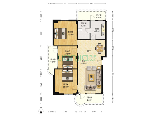 西门中路 3室1厅1卫 124平方