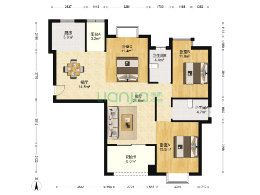 东津世纪城9区菁华园 3室2厅2卫 124平方