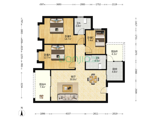 家居花园 3室1厅2卫 110平方