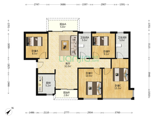 招商臻园 4室1厅2卫 118平方