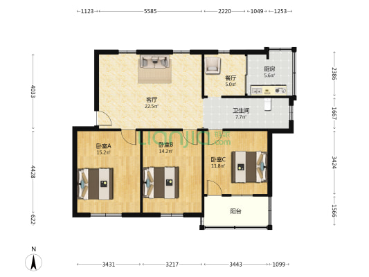 富豪村 3室2厅1卫 107平方