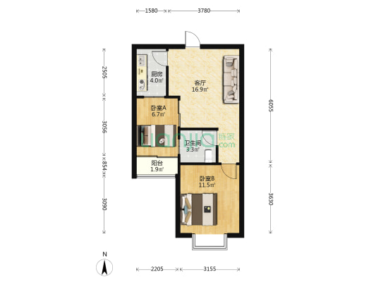 万代财富广场 2室1厅1卫 54平方