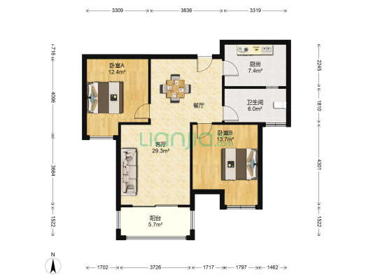 旭辉时代城 2室1厅1卫 91平方