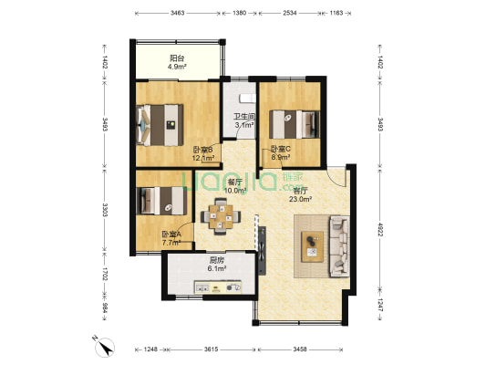 顺安花园 3室2厅1卫 91平方