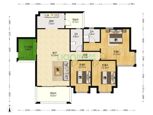 南湖花园 3室1厅2卫 132平方