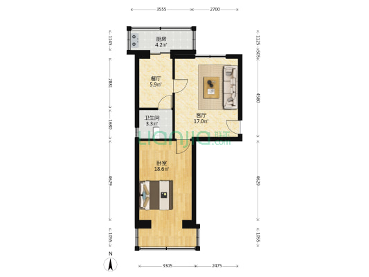 市乡镇企业宿舍 1室2厅1卫 59平方