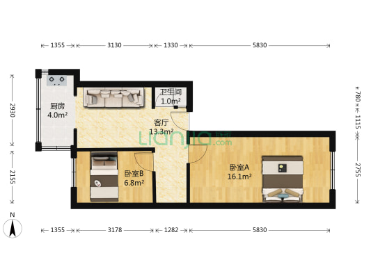 建国北二道街 2室1厅1卫 53平方