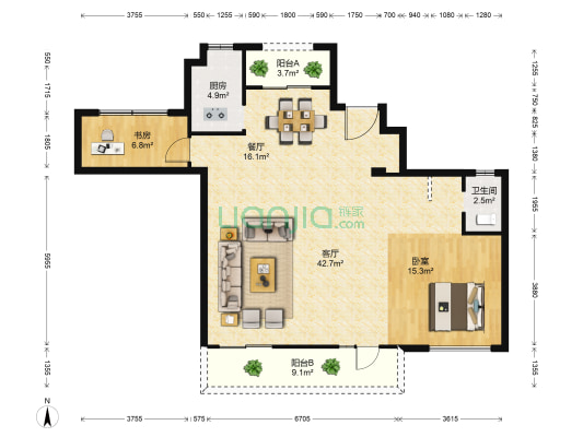 翡翠府 2室2厅1卫 148平方