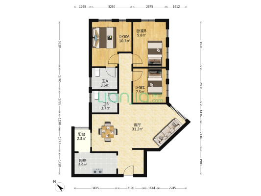 海景大厦 3室1厅2卫 103平方