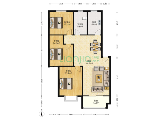 上东阳光 3室1厅1卫 122平方