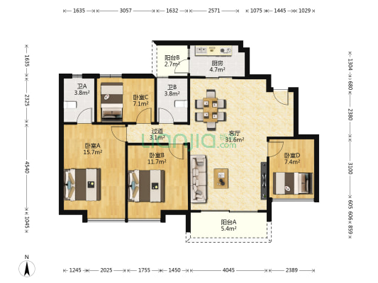 时代城四期 4室1厅2卫 118平方